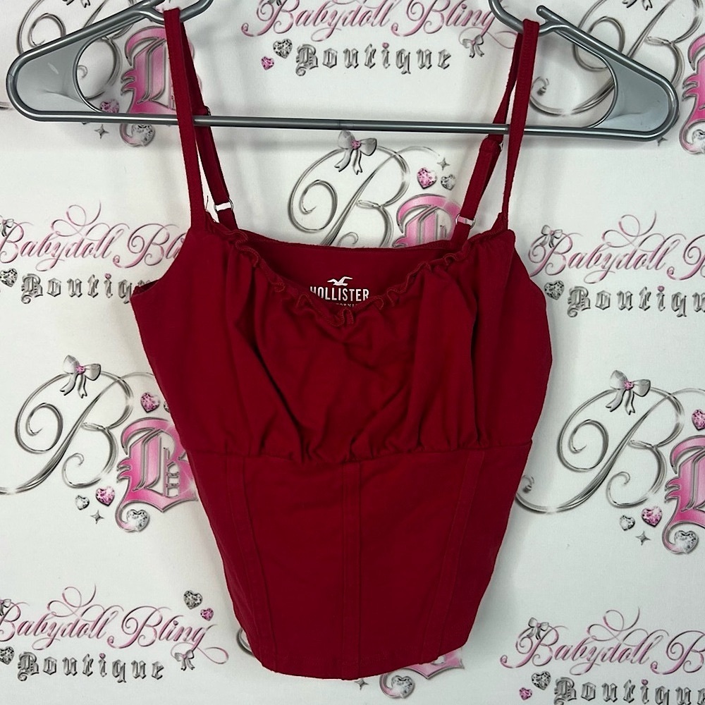 Hollister tank top cropped milkmaid ruffle crop cropped Crimson Strappy Top